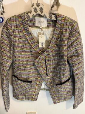 Maje Paris NWT Tweed Moto Jacket Size 40 US 8 Multicolor Boucle Striped Cropped